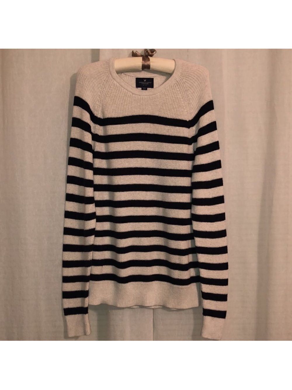 AE M Cotton Knit Ivory Navy Horizontal Stripes Crewneck Sweater